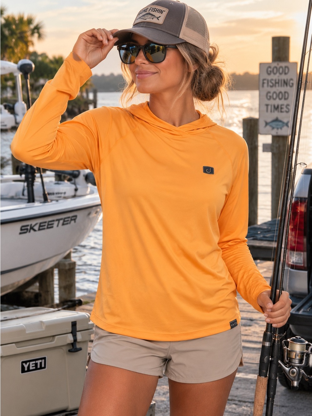 AVID Women’s Orange Performance Fishing Hoodie Long Sleeve Sun Shirt Size Small
